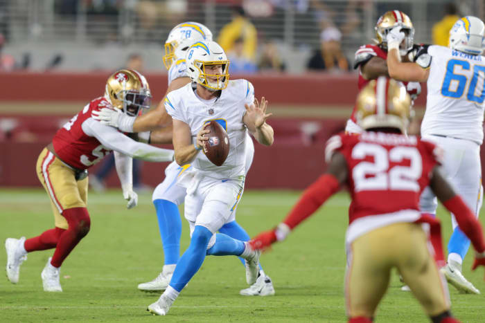 Aug 25, 2023; Santa Clara, California, USA; Los Angeles Chargers quarterback Max Duggan (8) during the game against the San Francisco 49ers at Levi's Stadium. Mandatory Credit: Sergio Estrada-USA TODAY Sports